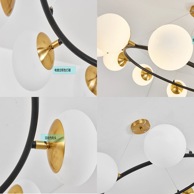 Milk White Glass Globe Chandelier with Black Metal Frame – Modern 10-Light Pendant Fixture