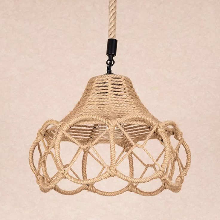 Boho Woven Rope Pendant Light – Handcrafted Beige Hemp Ceiling Lamp (E26, 35cm, Adjustable Height)
