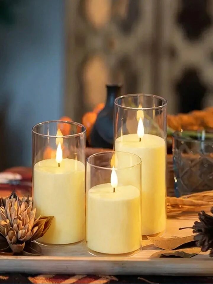 Set of 3 White Flameless LED Candles in Glass Holders