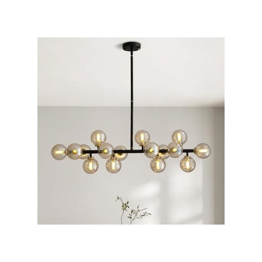 Modern Linear 16-Light Polished Black Beaded Chandelier
