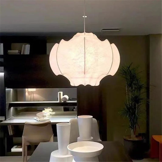 Modern Fabric Lantern Pendant Light – White Silk Hanging Lamp for Dining Room, Kitchen Island & Bedroom 60 C.M
