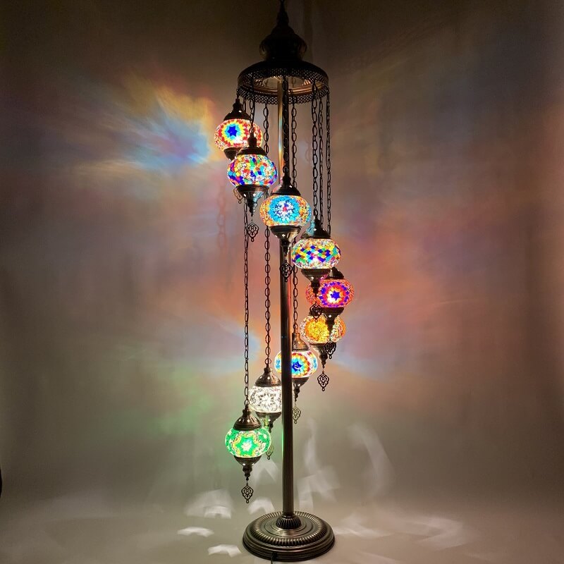 9-Globe Turkish Moroccan Mosaic Floor Lamp – Handmade Bohemian Tiffany Style