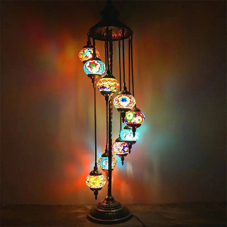 9-Globe Turkish Moroccan Mosaic Floor Lamp – Handmade Bohemian Tiffany Style