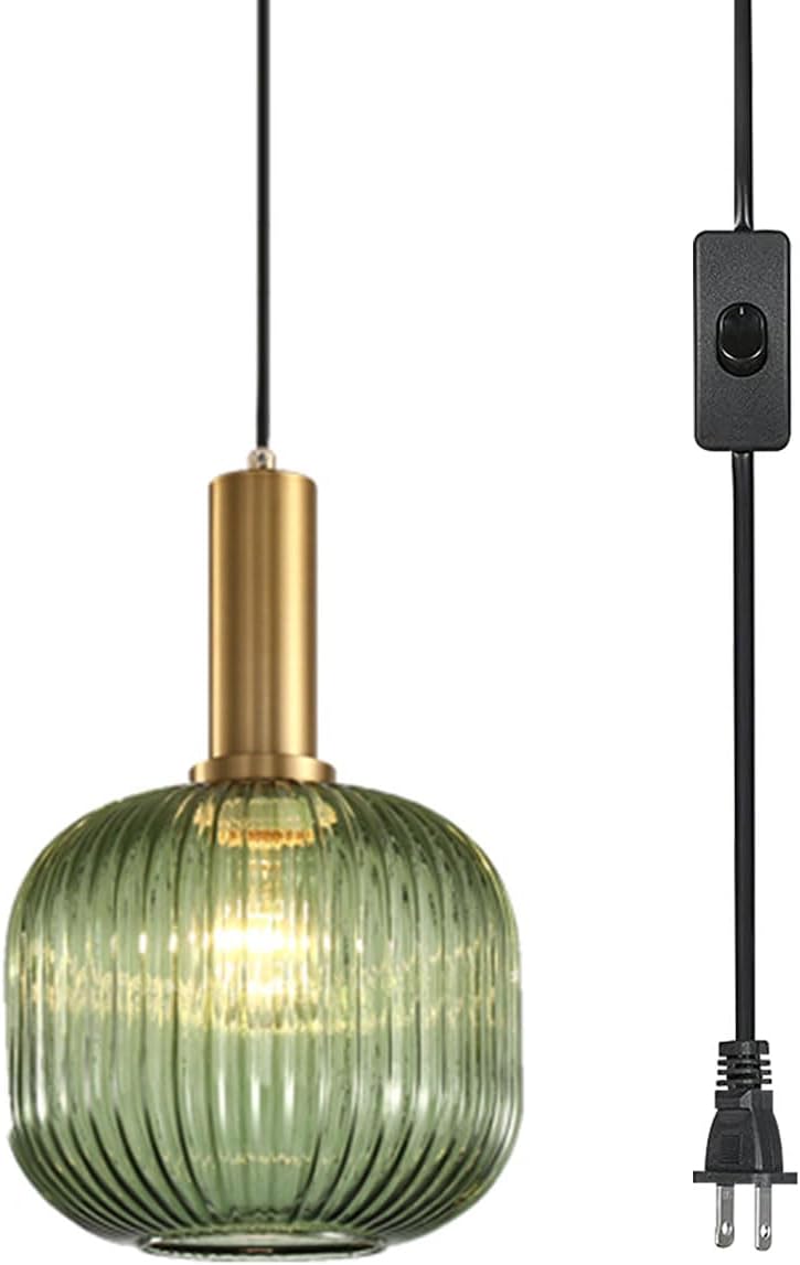 Mid-Century Modern Gold Pendant Light | Striped Glass Lantern Chandelier