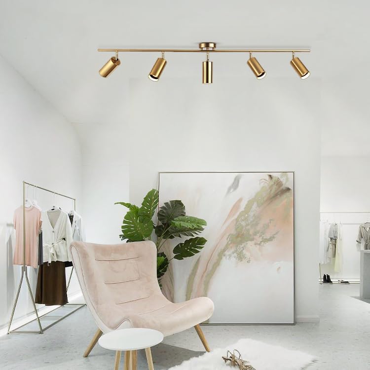 Modern 5-Light LED Track Lighting Kit – Brushed Brass Adjustable Ceiling Spotlights for Kitchen & Living Spaces
