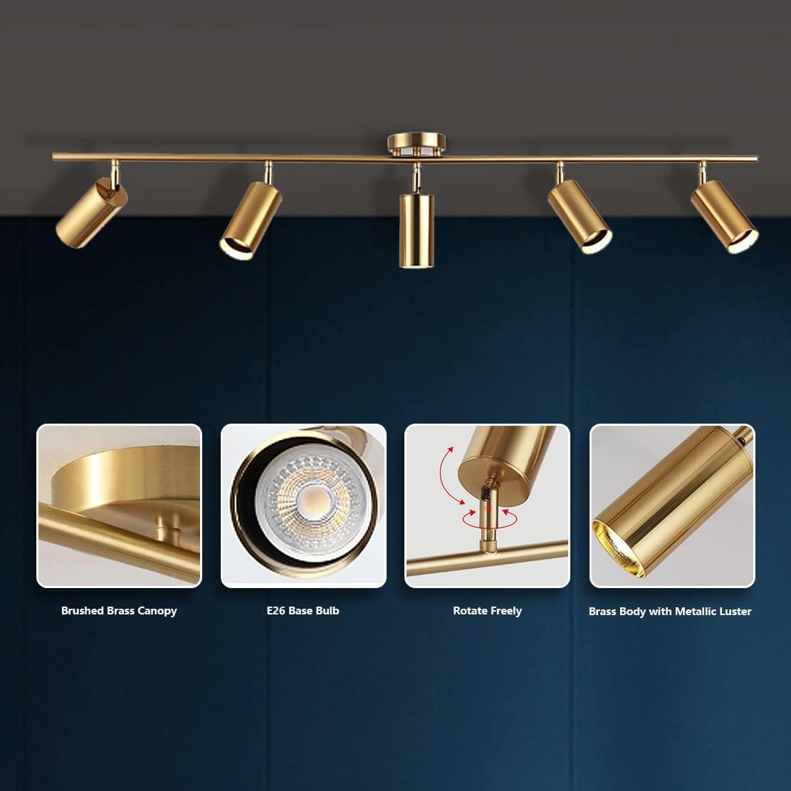 Modern 5-Light LED Track Lighting Kit – Brushed Brass Adjustable Ceiling Spotlights for Kitchen & Living Spaces