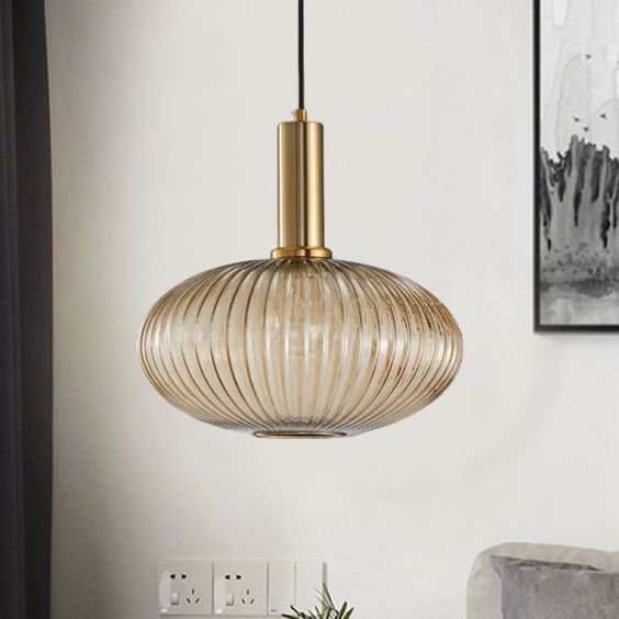 Modern Amber Glass Pendant Light – Gold Copper Hanging Chandelier LED Ceiling Fixture for Kitchen, Dining Room & Living Spaces
