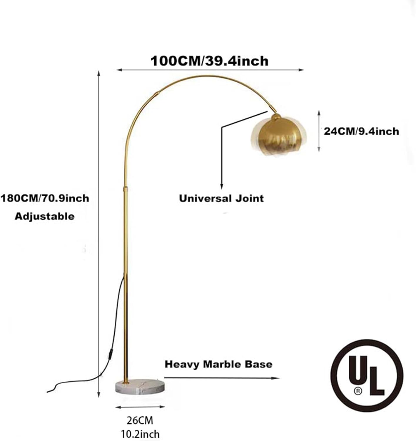 Inspired Home Landrie Brass Arc Floor Lamp – 75.5" Modern Gold Metal Floor Lamp with Marble Base