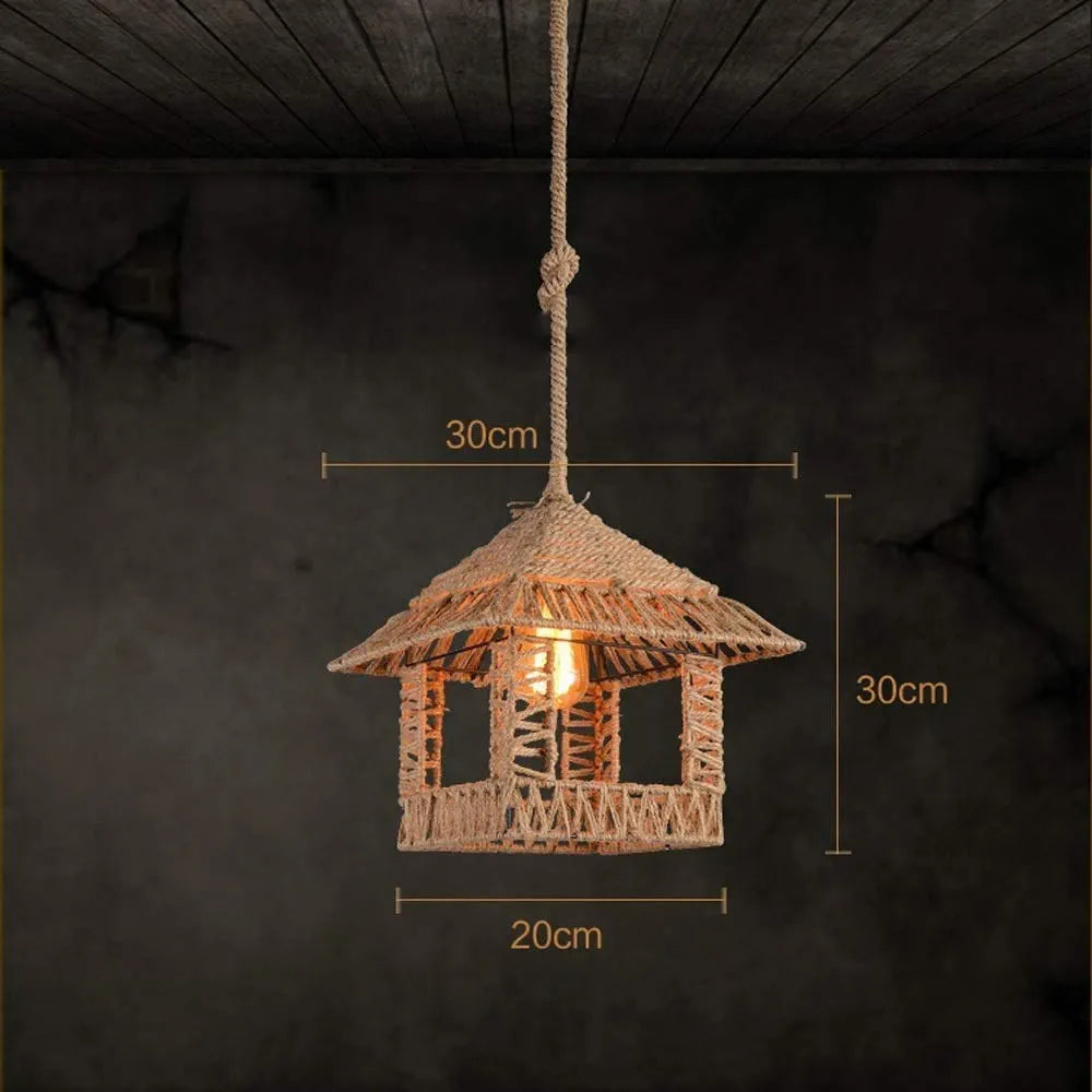 Hemp Rope Cage Pendant Light – Vintage Industrial Charm for Any Space
