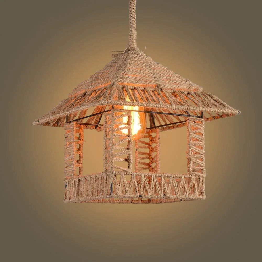 Hemp Rope Cage Pendant Light – Vintage Industrial Charm for Any Space
