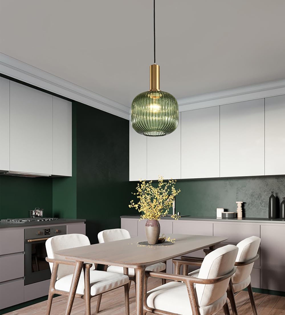 Mid-Century Modern Gold Pendant Light | Striped Glass Lantern Chandelier