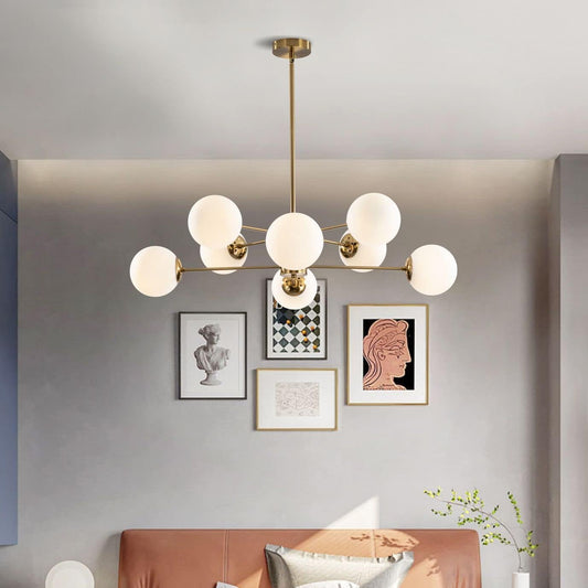 10-Light Glass Sputnik Chandelier – Modern Gold Globe Pendant for Kitchen & Dining Spaces