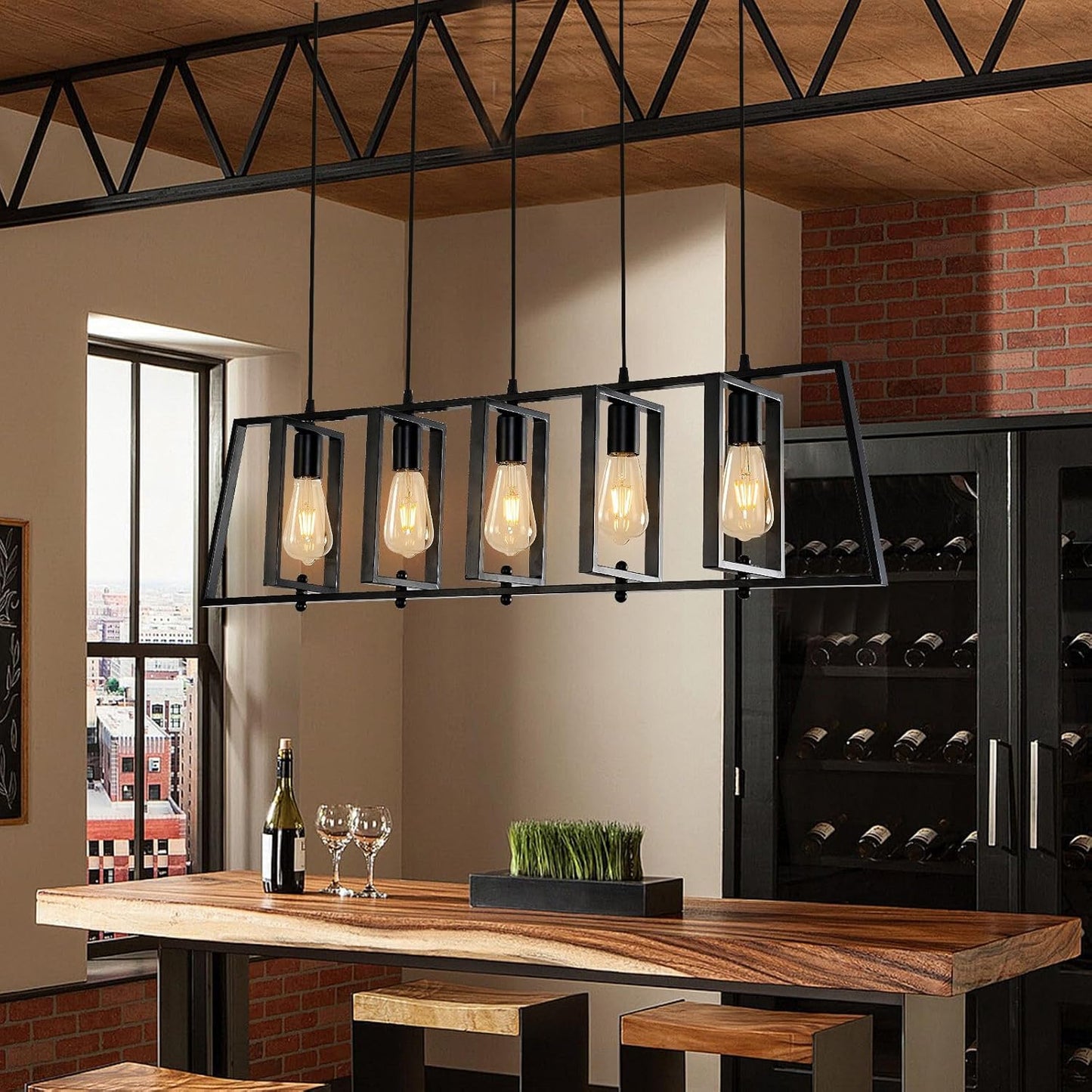 5-Light Farmhouse Kitchen Island Pendant – Rustic Wood & Metal Chandelier for Dining & Living Spaces