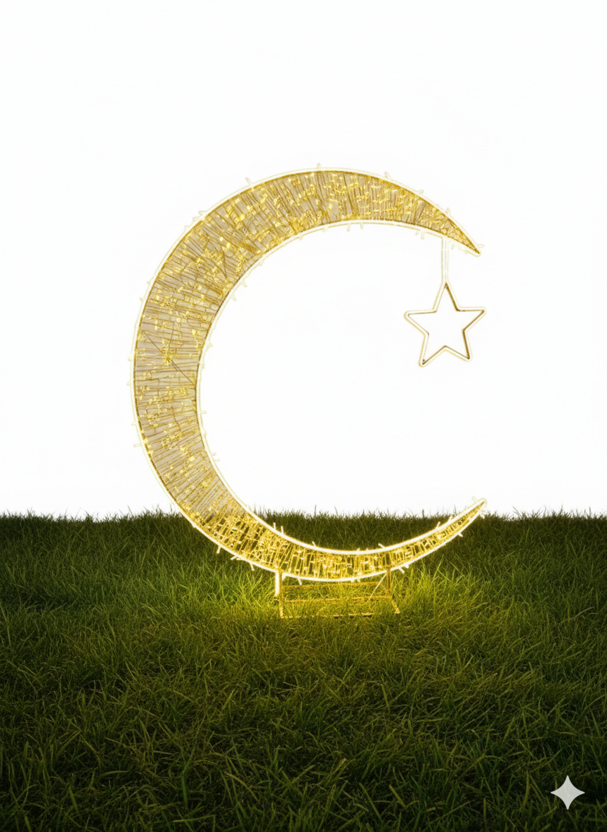 Luxury LED Crescent Moon & Star Motif β Premium Stainless Steel Ramadan & Eid Light Sculpture