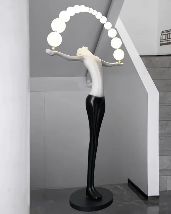 Modern Sculptural Human LED Floor Lamp with Marble Base & 3‑Color Dimming (Artistic Ball‑Holding Design)