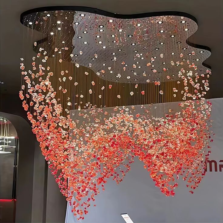 Customizable Modern Crystal Chandelier with Red Stone & Acrylic Cover β Large 2m Statement Pendant Light for Hotels, Lobbies & Banquet Halls