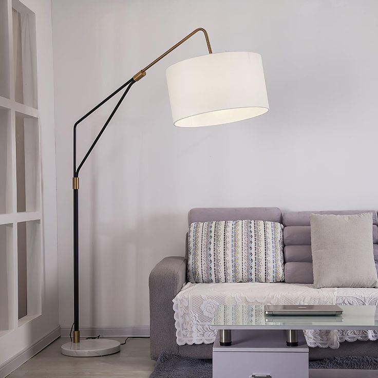Modern Arc Floor Lamp β Black Iron Stand with Marble Base & Drum Fabric Shade