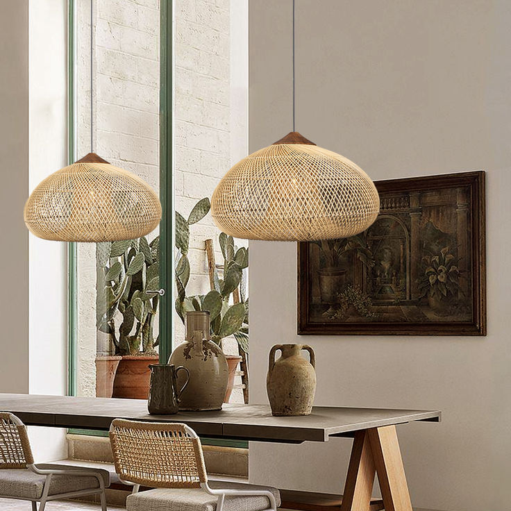 Handwoven Rattan Chandelier Pendant Light – Rustic Boho Hanging Lamp for Dining & Kitchen