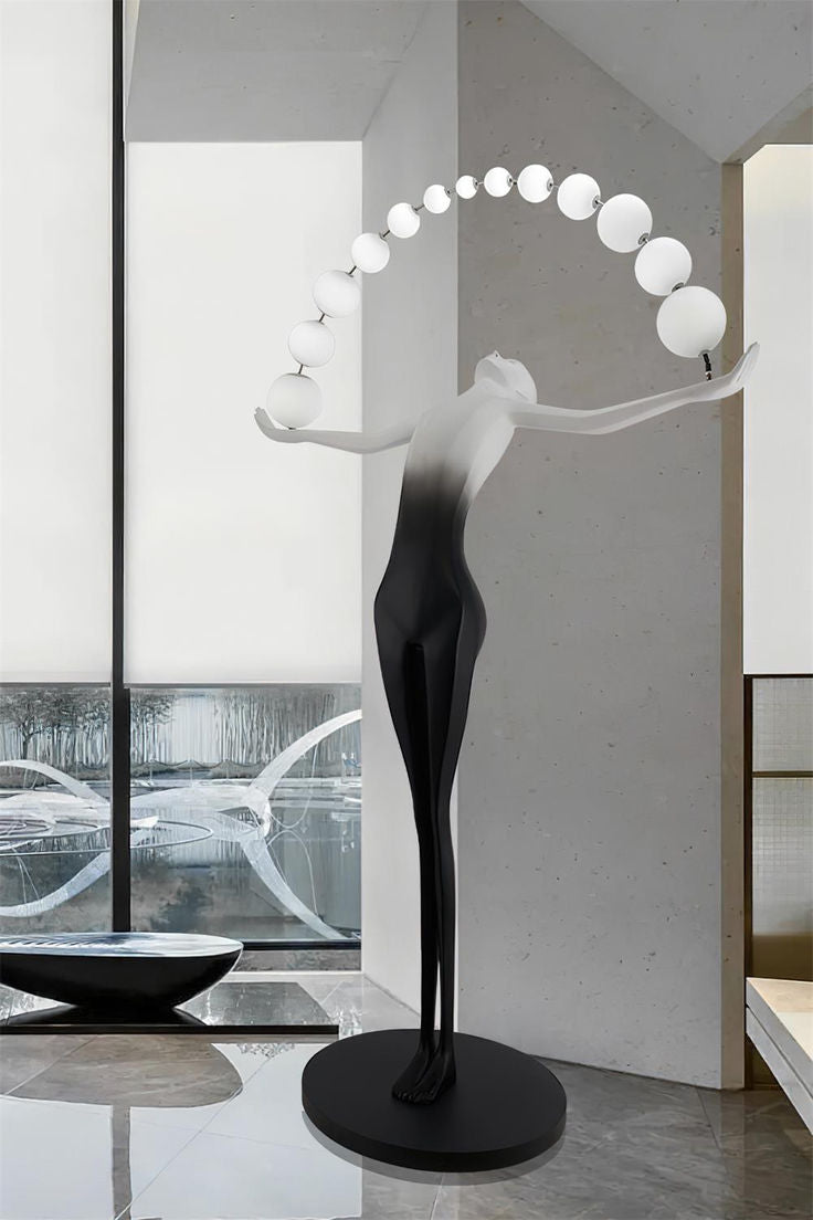 Modern Sculptural Human LED Floor Lamp with Marble Base & 3‑Color Dimming (Artistic Ball‑Holding Design)