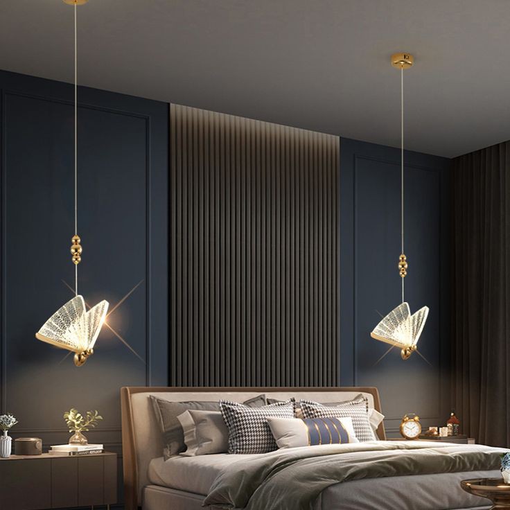 1-Light Gold Butterfly Bedside Hanging Pendant Ceiling Lamp β Elegant Warm Glow for Your Space