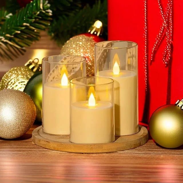 Set of 3 White Flameless LED Candles in Glass Holders
