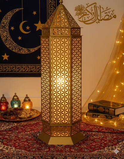 Tall Gold Moroccan-Style Floor Lantern with Geometric Cutouts