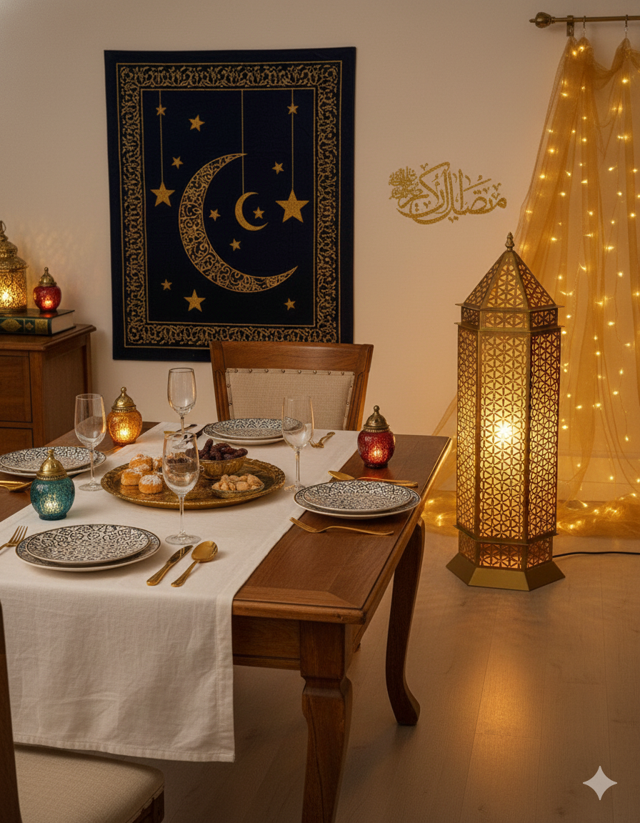 Tall Gold Moroccan-Style Floor Lantern with Geometric Cutouts