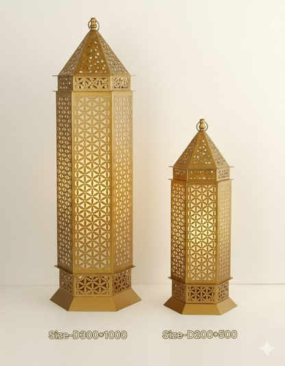 Tall Gold Moroccan-Style Floor Lantern with Geometric Cutouts