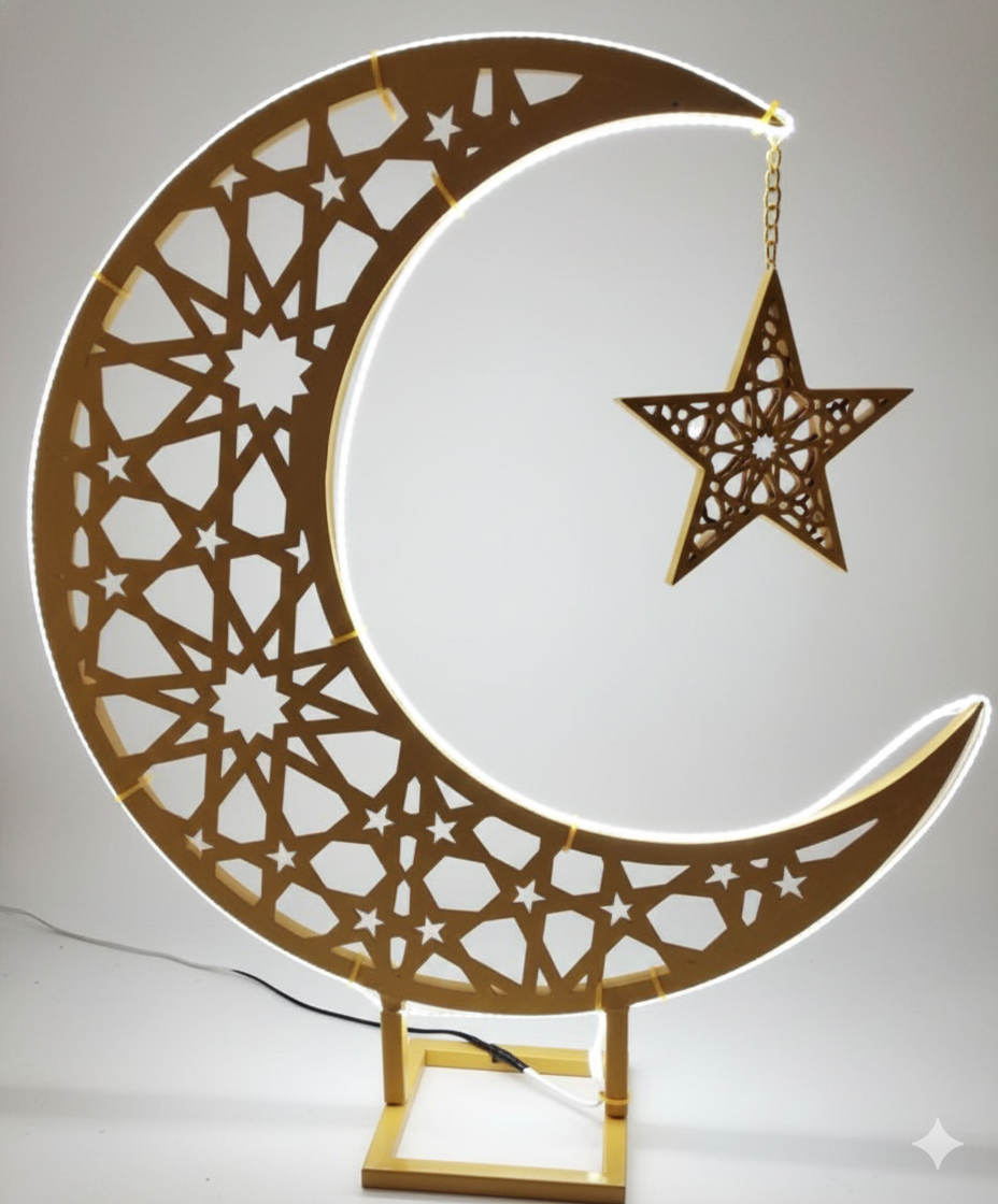 LED Metallic Crescent Moon & Star Ramadan Decor — Islamic Home & Party Decoration