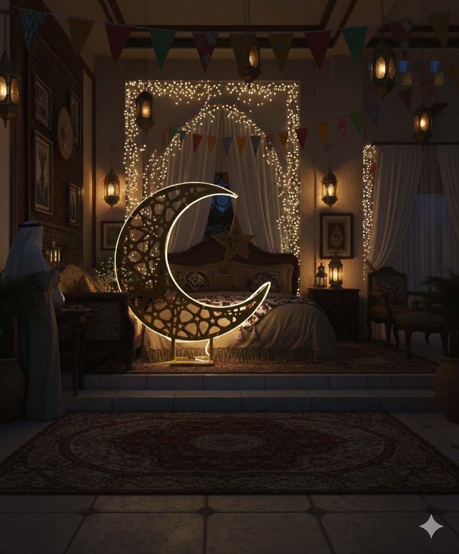 LED Metallic Crescent Moon & Star Ramadan Decor — Islamic Home & Party Decoration