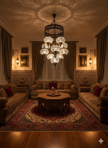 11-Head Turkish Mosaic Chandelier – Black & White Handmade Hanging Lamp (Moroccan Style)