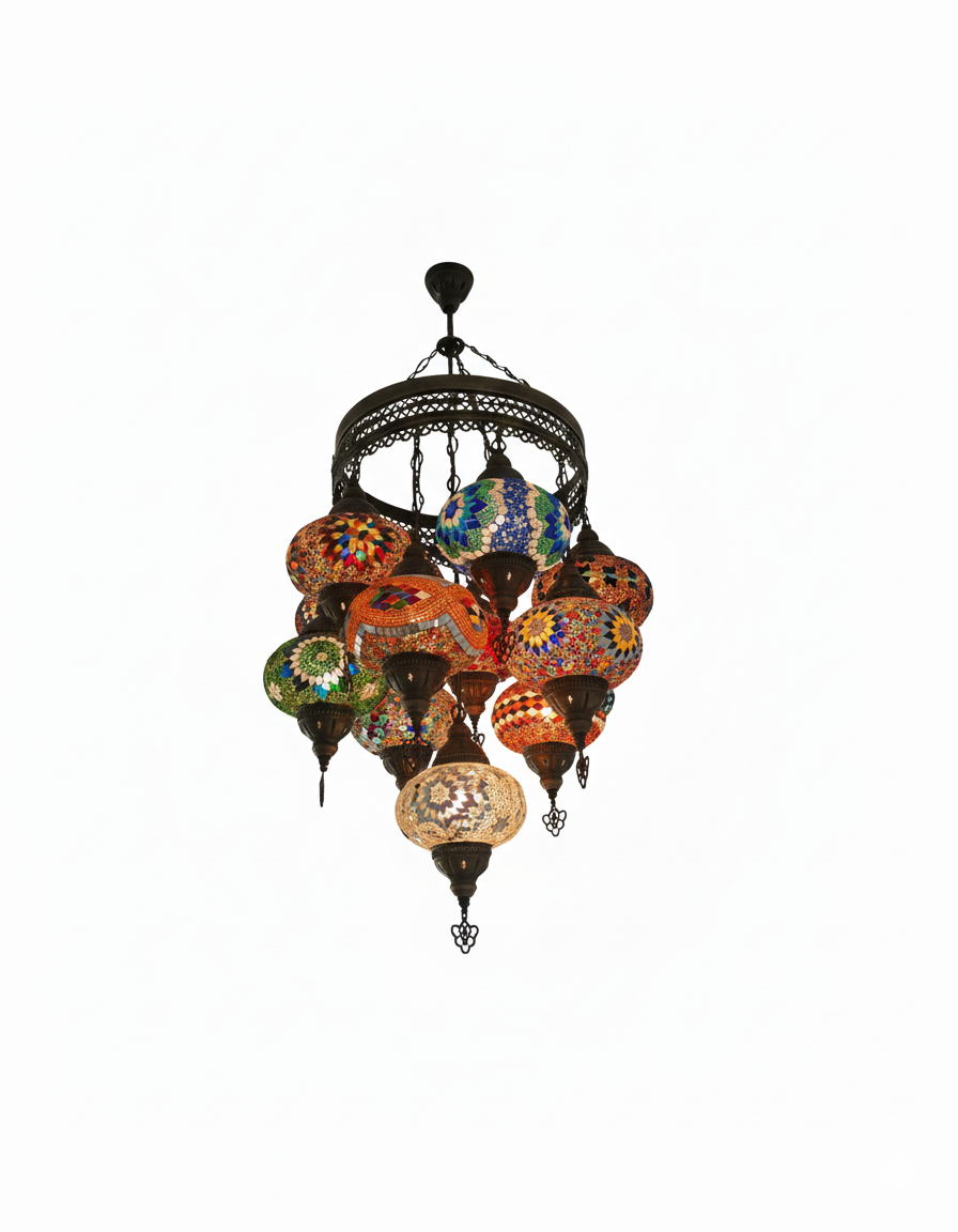 Sultan Style Turkish Mosaic Chandelier – 11 Hanging Glass Globes