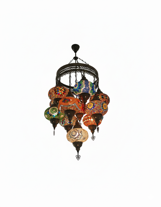 Sultan Style Turkish Mosaic Chandelier – 11 Hanging Glass Globes