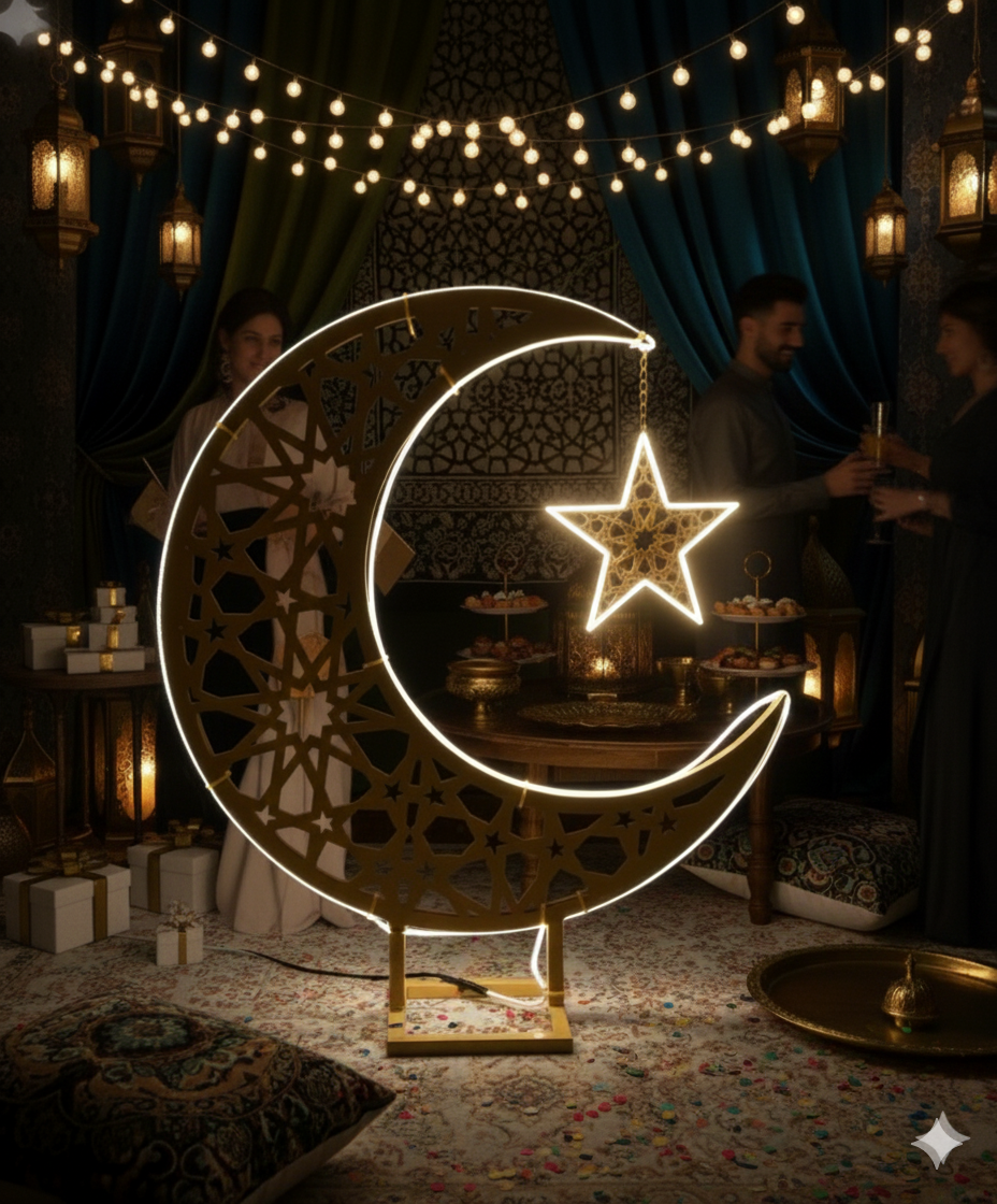 LED Metallic Crescent Moon & Star Ramadan Decor — Islamic Home & Party Decoration
