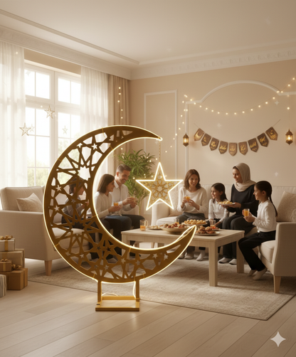 LED Metallic Crescent Moon & Star Ramadan Decor — Islamic Home & Party Decoration