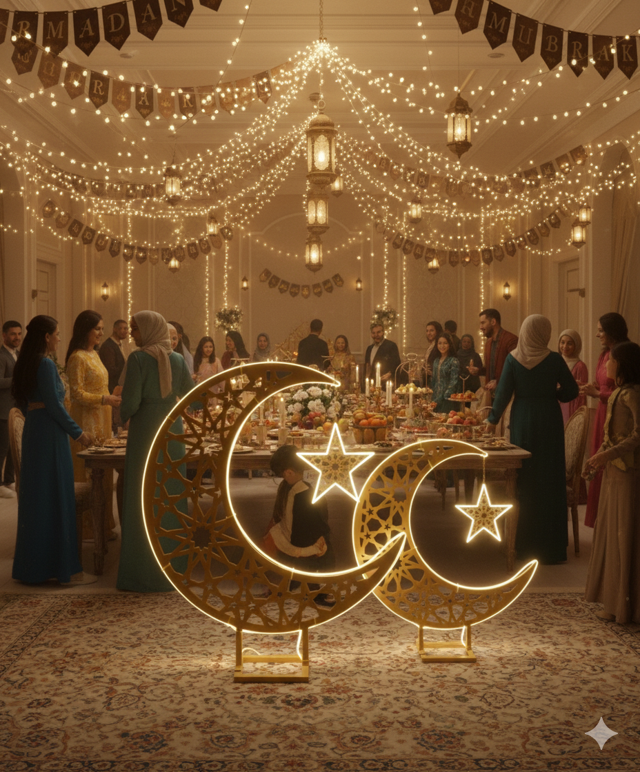 LED Metallic Crescent Moon & Star Ramadan Decor — Islamic Home & Party Decoration