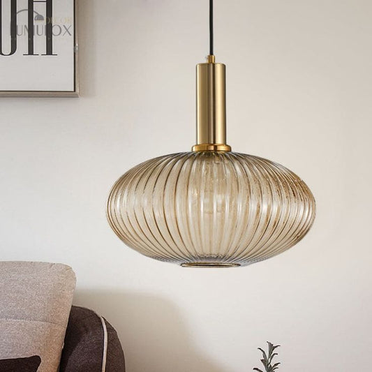 Modern Amber Glass Pendant Light – Gold Copper Hanging Chandelier LED Ceiling Fixture for Kitchen, Dining Room & Living Spaces