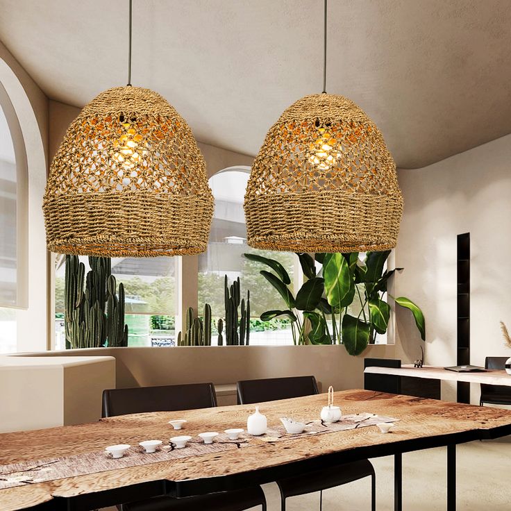Hand-Woven Rattan Pendant Light – Natural Wicker Chandelier for Kitchen Island, Dining Room & Living Space 15.74"