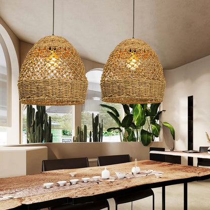 Hand-Woven Rattan Pendant Light – Natural Wicker Chandelier for Kitchen Island, Dining Room & Living Space 15.74"