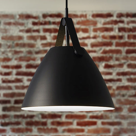 Modernist Conical Pendant Light with Leather Strap