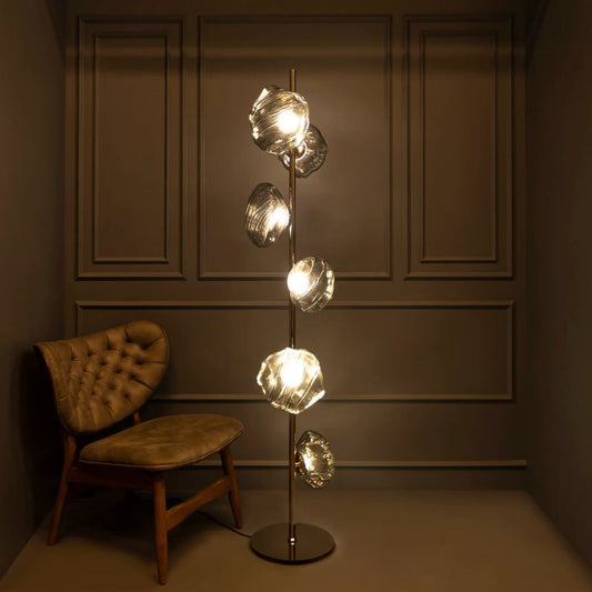 Six Smoky Glasses Chrome Floor Lamp – Modern Art Deco LED Standing Light with Glass Shades