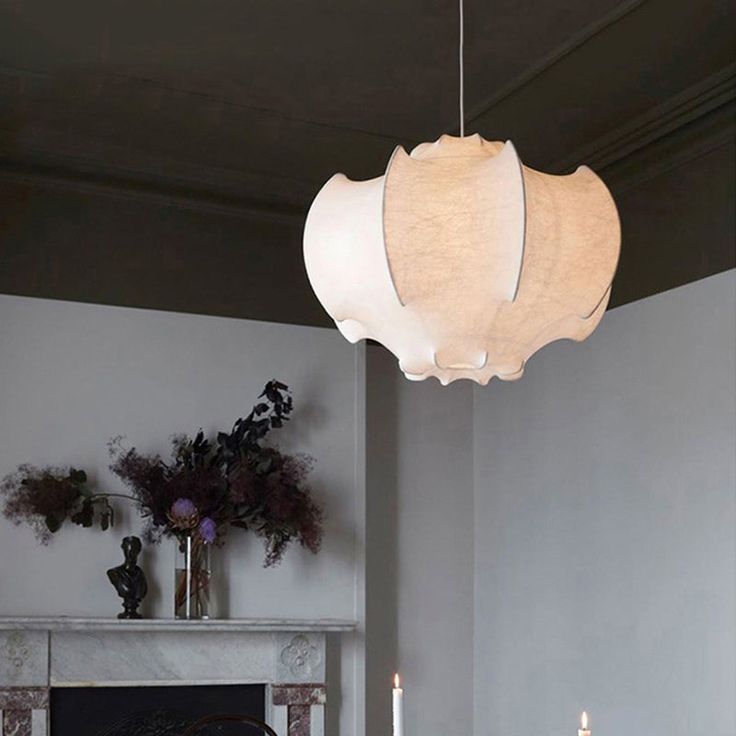 Modern Fabric Lantern Pendant Light – White Silk Hanging Lamp for Dining Room, Kitchen Island & Bedroom 60 C.M