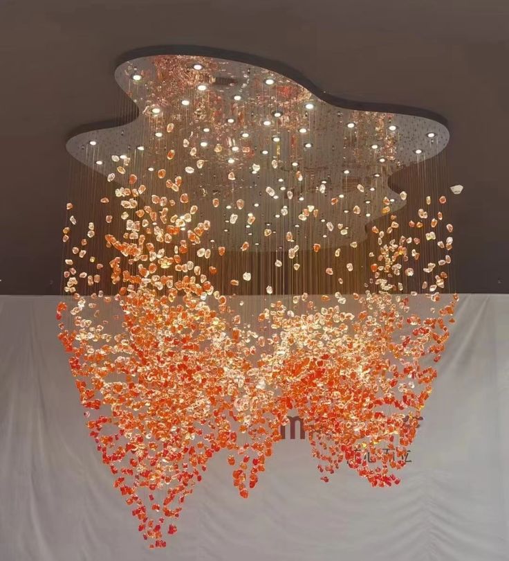 Customizable Modern Crystal Chandelier with Red Stone & Acrylic Cover – Large 2m Statement Pendant Light for Hotels, Lobbies & Banquet Halls
