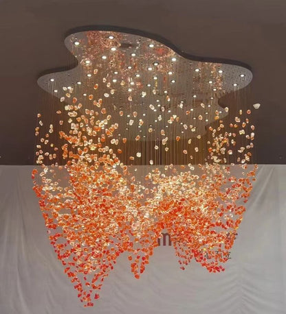 Customizable Modern Crystal Chandelier with Red Stone & Acrylic Cover – Large 2m Statement Pendant Light for Hotels, Lobbies & Banquet Halls