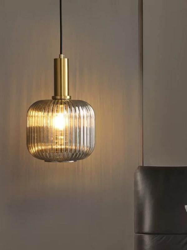 Nordic Ribbed Glass Pendant Light – Modern Gold Hanging Lamp for Kitchen, Bedroom & Living Room