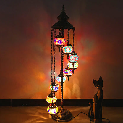 9-Globe Turkish Moroccan Mosaic Floor Lamp – Handmade Bohemian Tiffany Style