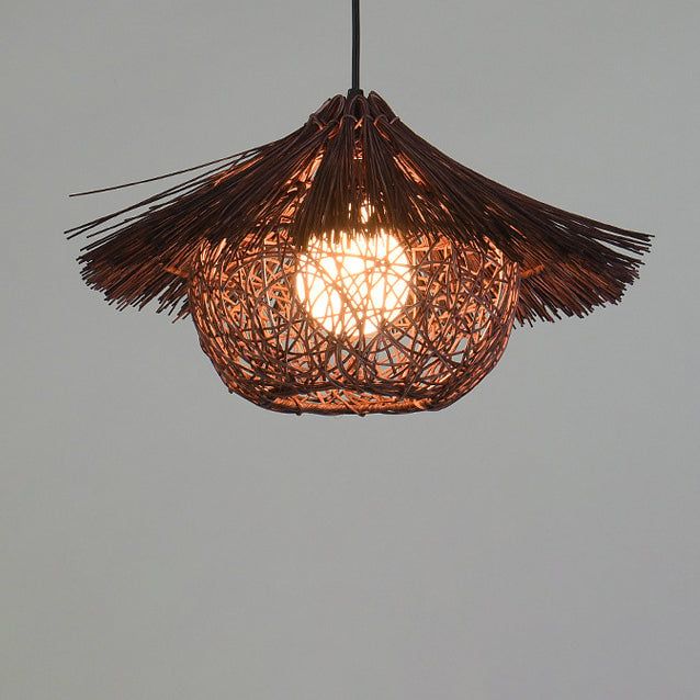 Round Cone Straw Hat Shape Rattan Pendant Light for Kitchen Island