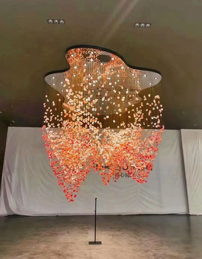 Customizable Modern Crystal Chandelier with Red Stone & Acrylic Cover – Large 2m Statement Pendant Light for Hotels, Lobbies & Banquet Halls