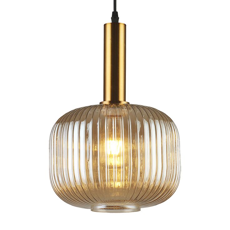 Nordic Ribbed Glass Pendant Light – Modern Gold Hanging Lamp for Kitchen, Bedroom & Living Room