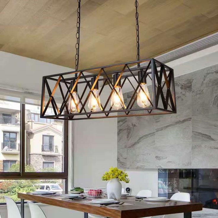 4-Light Farmhouse Black Kitchen Island Pendant Light – Adjustable Industrial Rectangular Chandelier for Dining Room & Bar